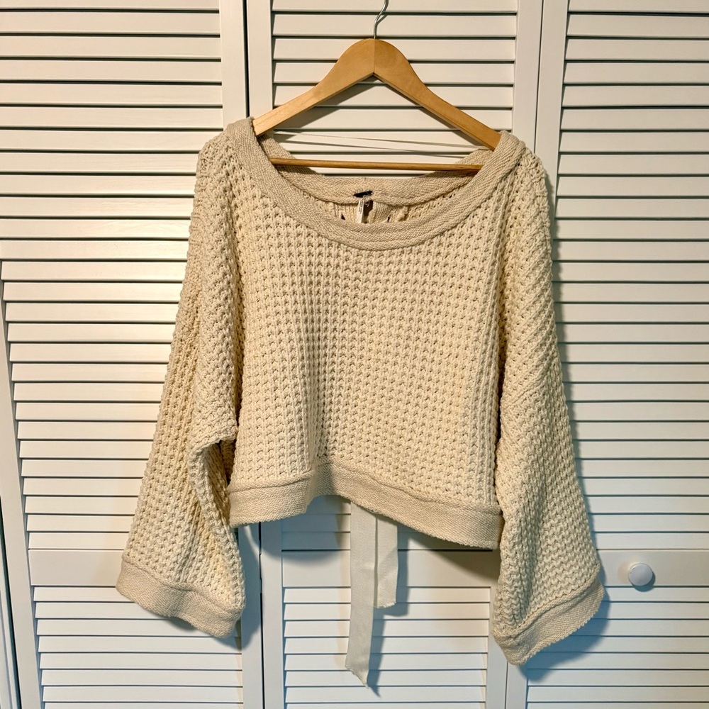 Free People Cream Waffle Knit Cropped Sweater